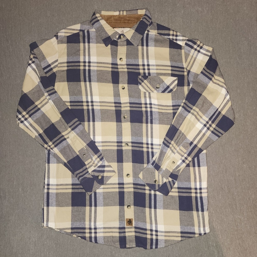 Legendary Whitetails Mens M Flannel Plaid Button Down Shirt Navy Tan Cotton